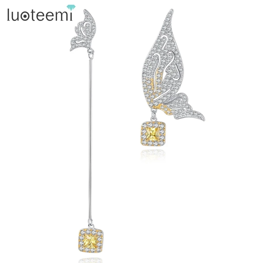 LUOTEEMI Asymmetrical Flying Shiny Butterfly Drop Earrings for Women Clear Yellow CZ Girl Korean Party Jewelry Christmas Gift