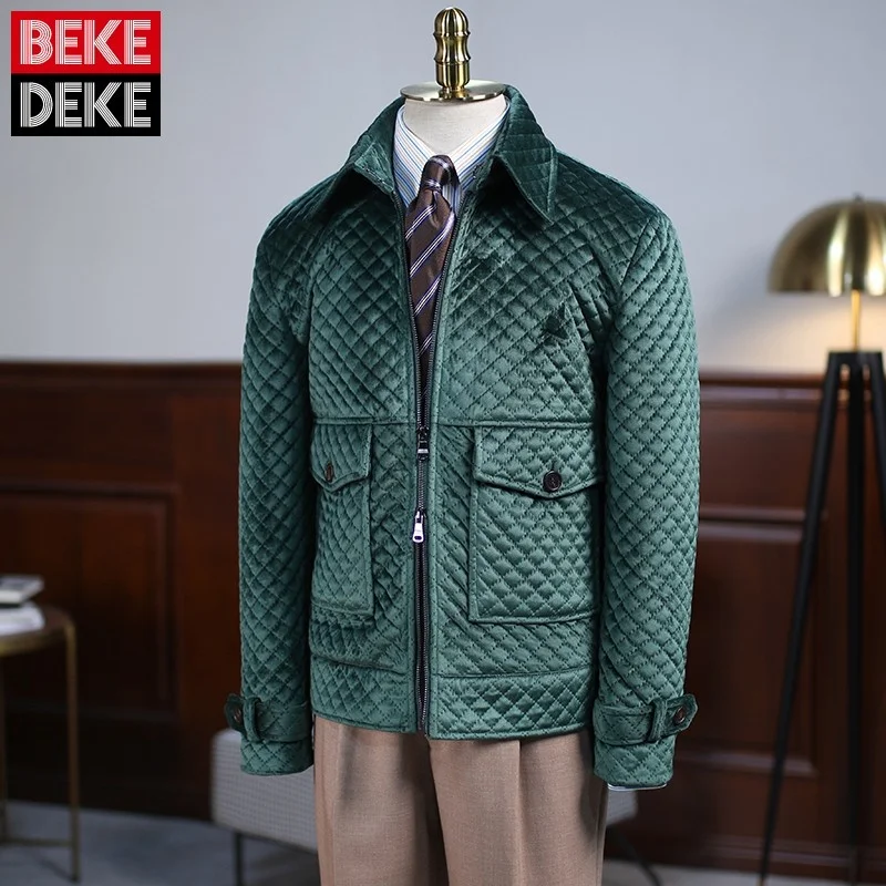 Luxury Winter Vintage Green Gold Velvet Pilot OuterCoat Men Turn-Down Collar Zipper Casual Thickening Long-Sleeve Bomber Jacket