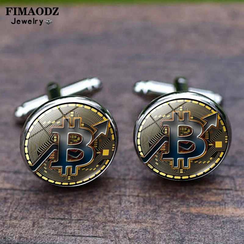 

FIMAODZ Bitcoin Cufflinks for Men Bit Coin Glass Round Exquisite High Quality Cuff Links Buttons Gifts