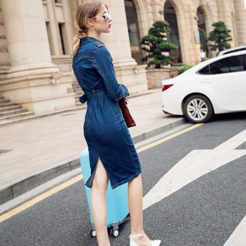 Women New Slim Fit Dress Lady Denim Long Vestidos Summer Dresses Belted Chic Blue Vogue Robe Femme