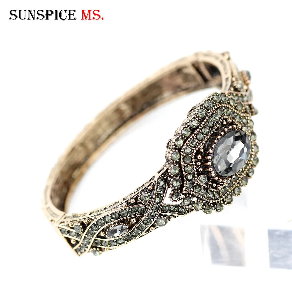 Bohemia Gray Crystal Vintage Bangle for Women Ethnic Wedding Jewelry Turkish Rhinestone Cuff Bracelet Bridal Gift