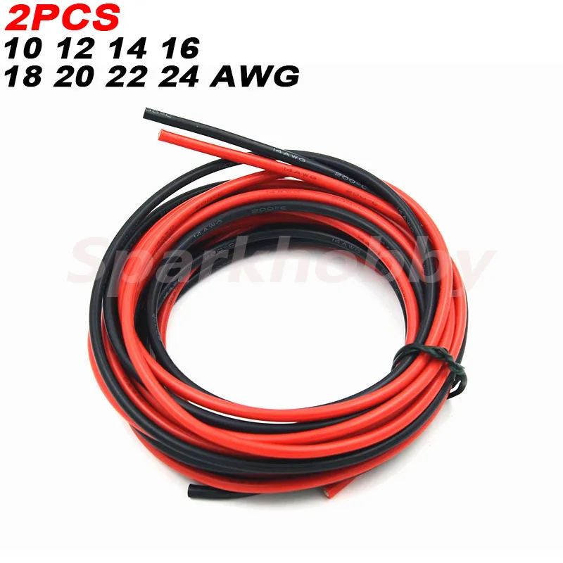 2PCS 10/12/14/16/18/20/22/24AWG Silicone Wire Red (1M) and Black (1M) Conductor Tinned copper High Temperature Resistant Cables