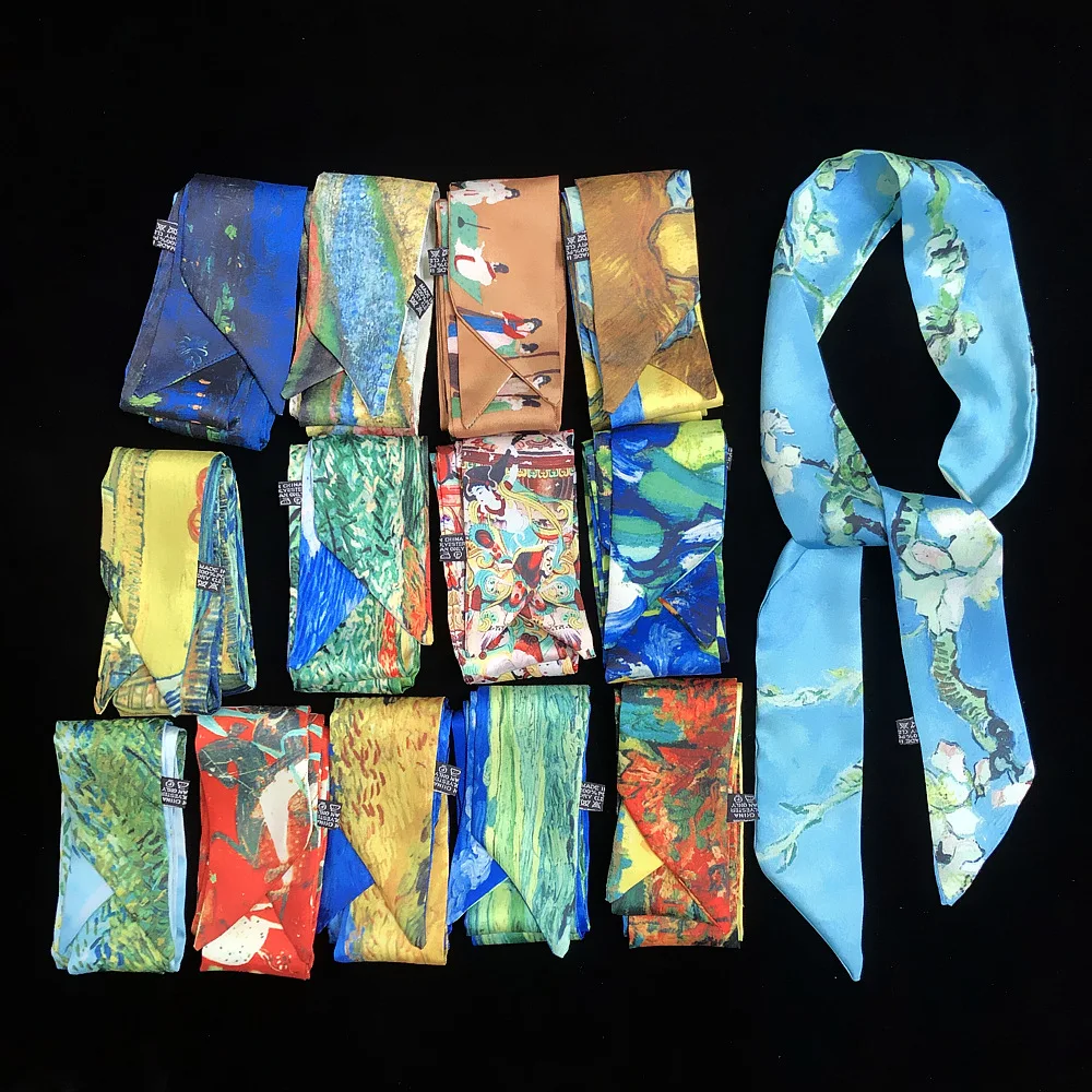 2023 Van Gogh Oil Painting Twill Silk Scarf Women Neckerchief Skinny Scarf Bag Ribbons Female Neck Tie Head Scarves Wraps