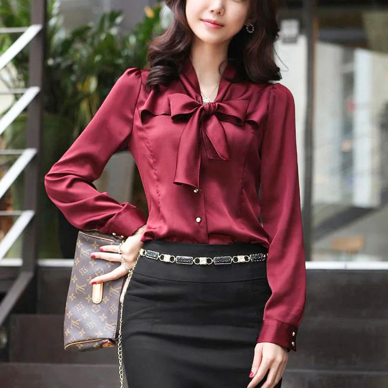 Elegant Fashion Satin Bow Shirts Women\'s Clothing 2022 Spring New Korean V-Neck All-match Office Lady Commuter Woman Blouses 5XL