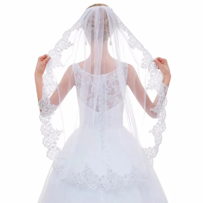 White Ivory Bling bling one Layers Applique Lace Bridal veil Wedding Veils With Comb Velos De Novia Wedding accessories