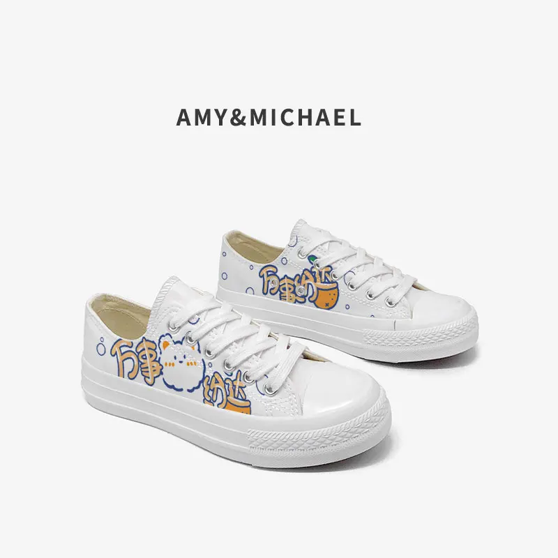 Amy and Michael Summer Cute Girls Students Low Top Flat Plimsolls Kawaii Anime Hand Painted Canvas Shoes Woman Vulcanize Shoes