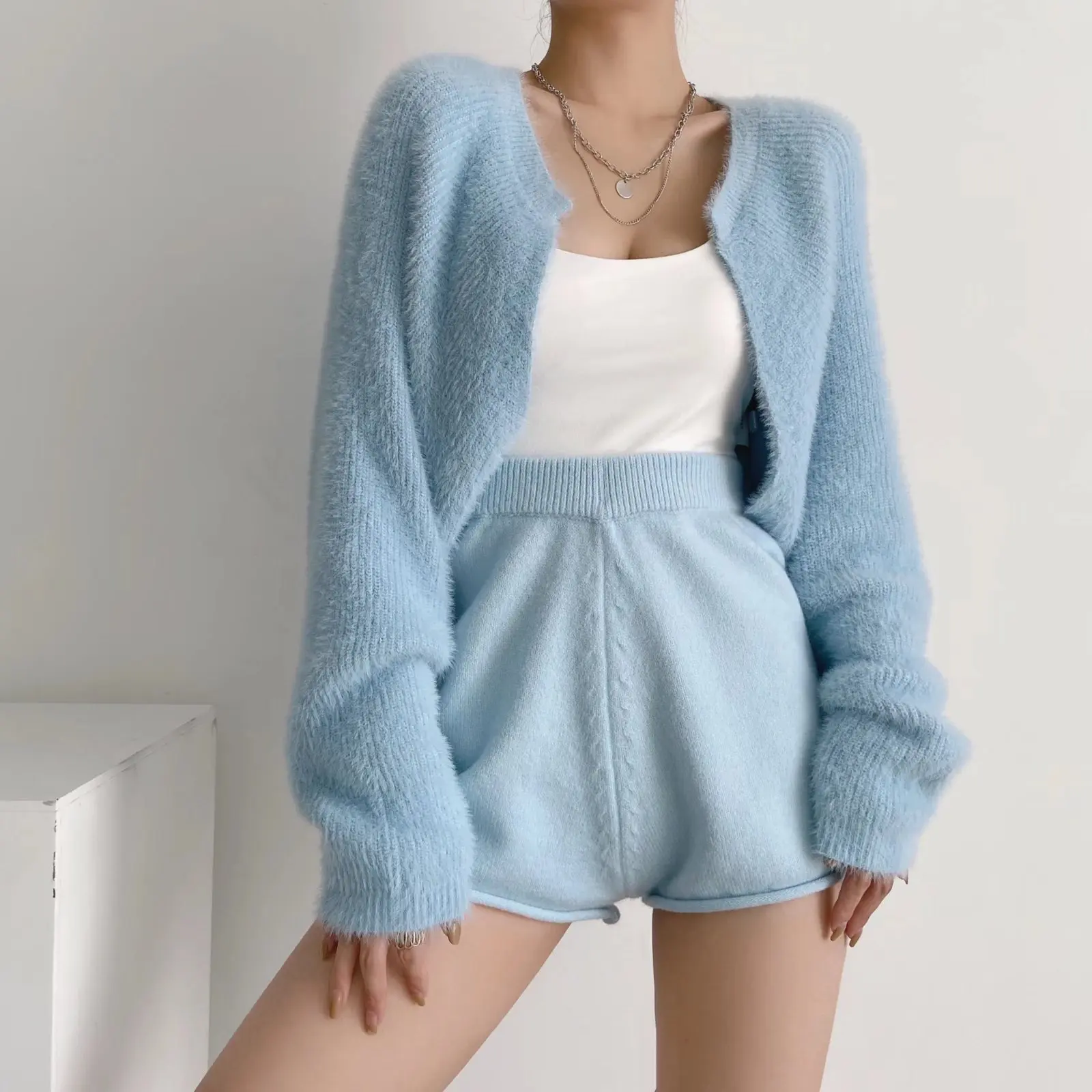 Sexy cropped cardigan knitted sexyshort cardigan sweaters for women fashion Fall cute tops fuzzy korean long sleeve top blue