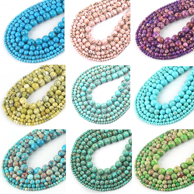 Perles en Pierre Naturelle, Turquoises, Sédiments de Mer, Agates, Malachite, At, 4/8/10/12mm, pour Bijoux de Bureau, DIY, Vente en Gros