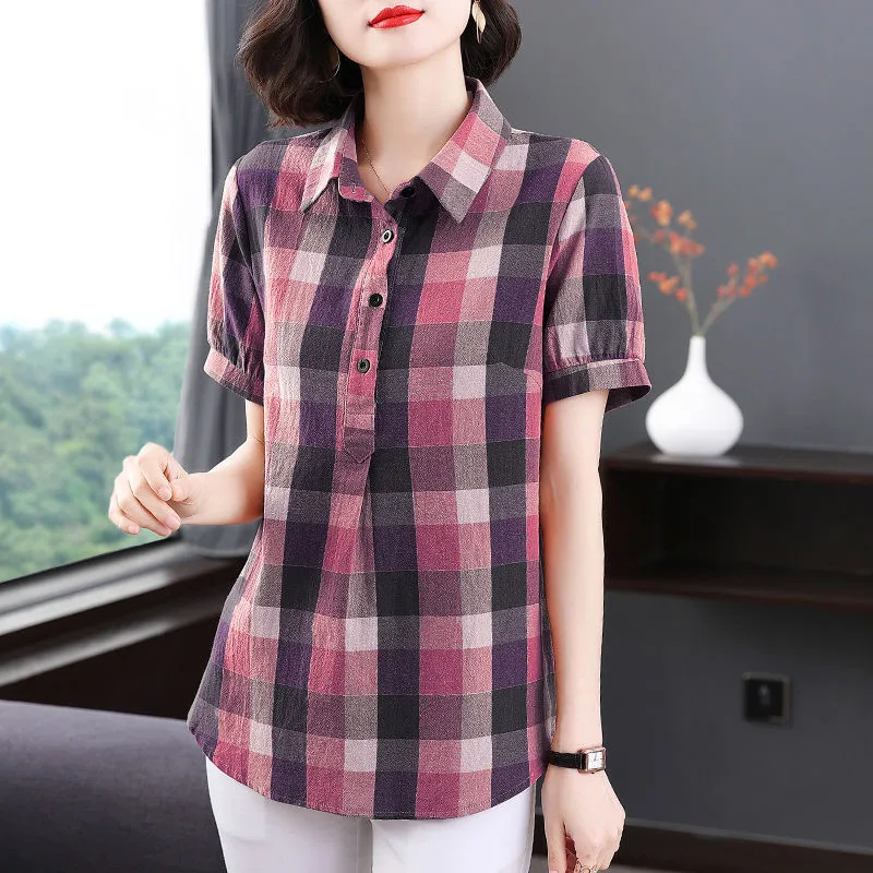 

Women Summer Shirts Cotton Casual Blouses Short Sleeve Polo-Neck Lattice Ladies Loose Temperament Tops Blusas Fashion MM0474