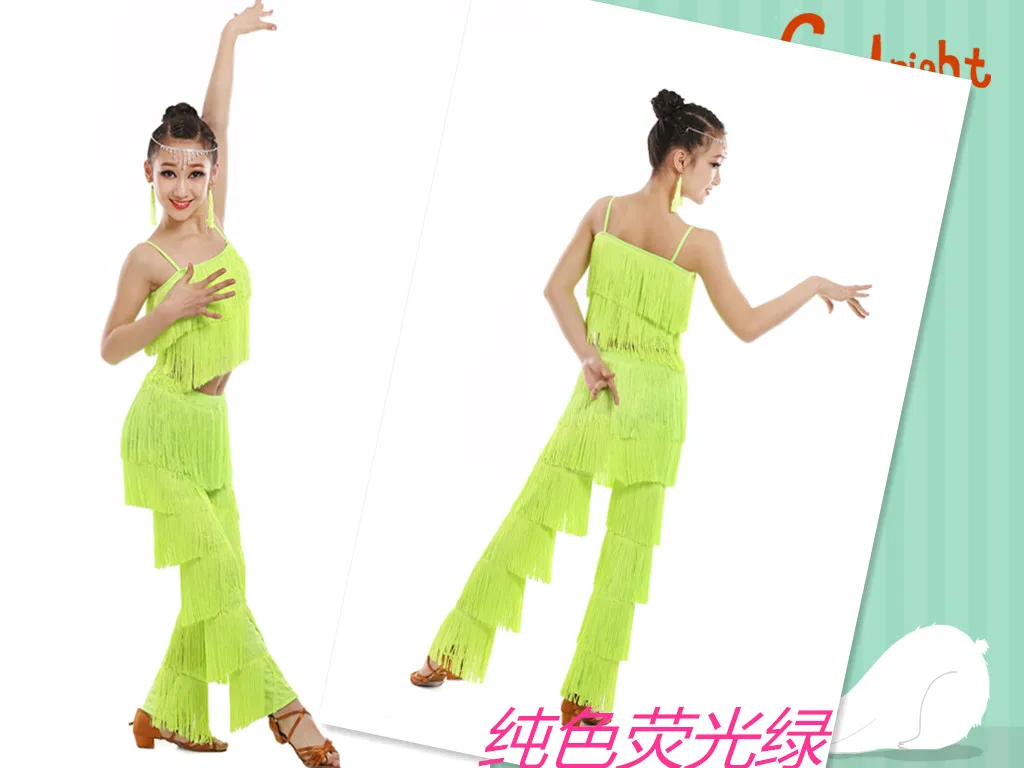 New Latin Dance Children\'s Tassel Pants Girls Sling Suit Latin Dance Clothes Practice Test Competition Performance