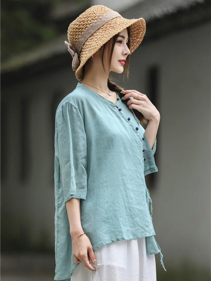 Summer new national style button top cotton linen retro Chinese ramie short sleeve shirt women sun proof blouse