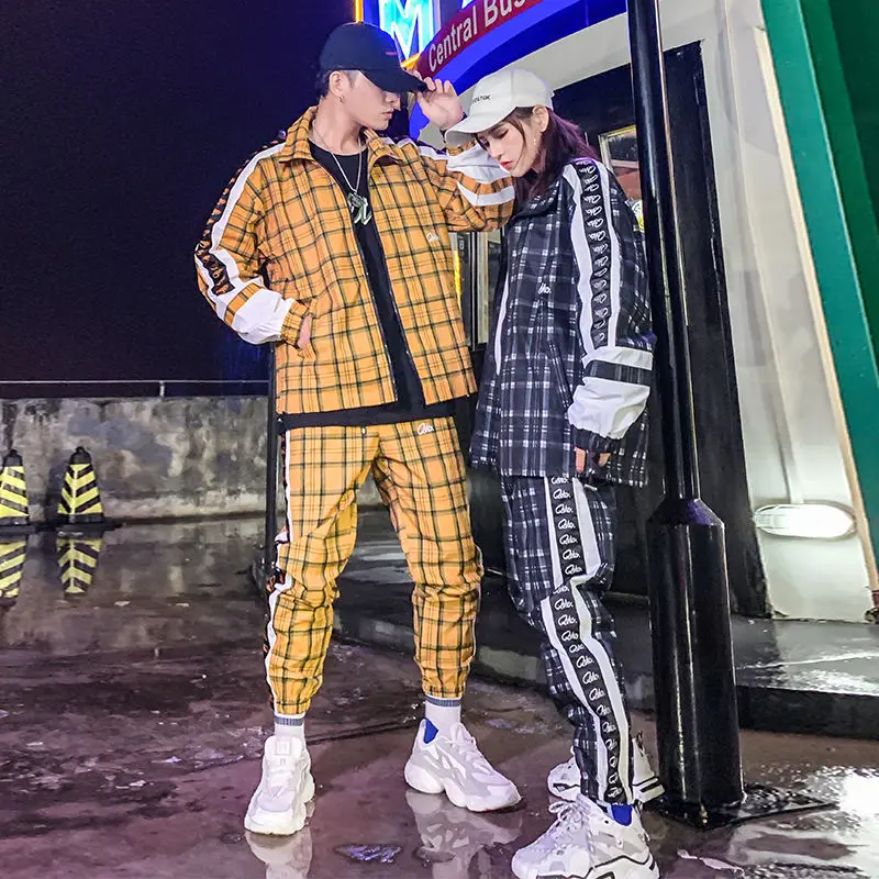 

Coat Plaid Jacket Spring Hip Hop Street Dance Men's Sets Two-piece Set Plaid Printed Loose Suit Couple Clothes Fashion Tracksuit