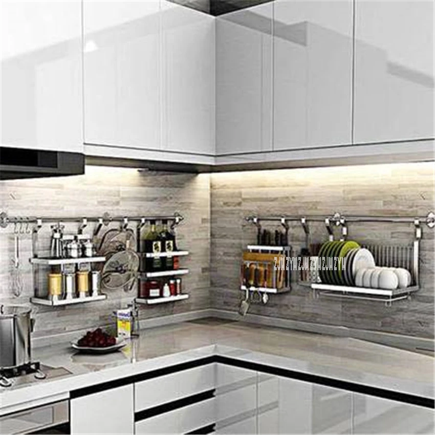 1256 Wall Mounted Kitchen Spice Rack Stainless Steel Shelf Chopstick Holder Dish Drainer Knife Rack Combination Organizer