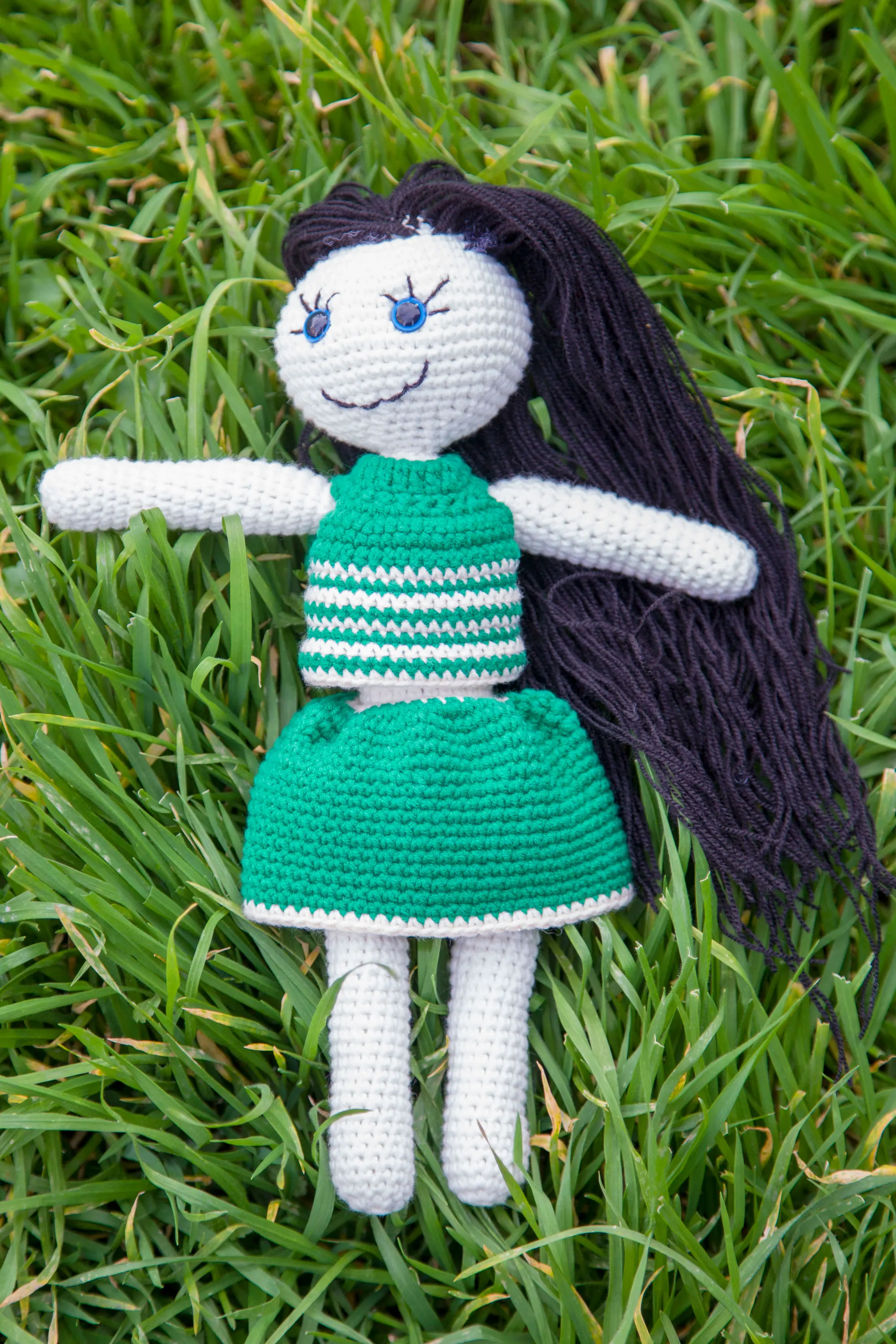 11 inches Teddy Doll Girl Blackhair Handmade Amigurumi Stuffed Toy Knit Crochet Doll