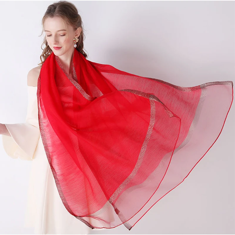 2024 New Summer Silk Scarf For Women Long Size Pashmina Lady Shawl Female Wraps Bandana Foulard Hijabs Solid Soft Beach Stoles