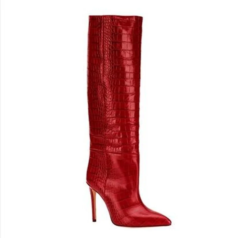 Sexy Crocodile Leather Knee High Boots Pointed Toe Stiletto Heel Tight High Boots Runway High Heel Dress Shoes Orange Red Pink