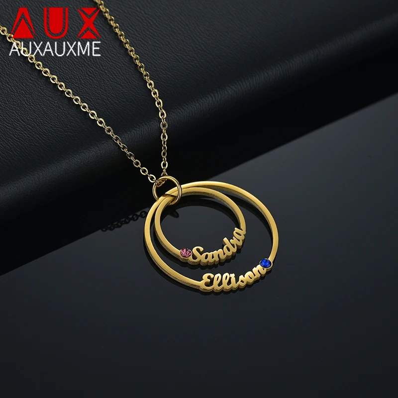 

Auxauxme Personalized Colorful Stones Double Names Necklaces For Couple Stainless Steel Women Custom Jewelry Engagement Gift