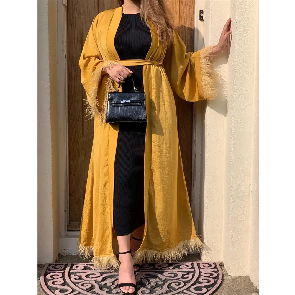 Elegant Muslim Women Open Kimono Arabic Abaya Islamic Clothing Dubai Caftan Maxi Robe Gown Ramadan Feather Edge Turkey Fashion