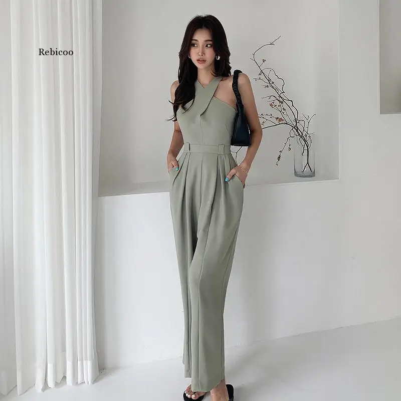 Nieuwe Vrouwen Jumpsuits Sexy Backless Rompertjes Vrouwelijke Effen Wijde Pijpen Office Lady Jumpsuits