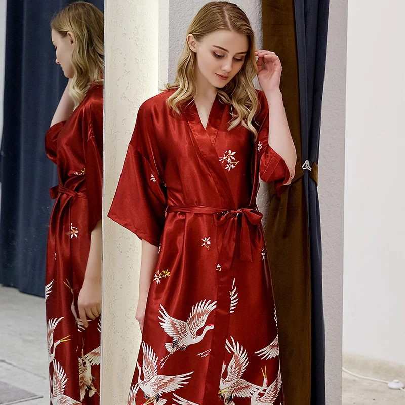 Chinese Style Crane Pattern Women's Summer Cool Silk Robe Pajamas Loose Bathrobe Nightgown Home Clothes Sleep Lounge Wear