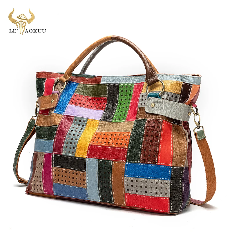 New Multi-Color Soft Natural Leather Luxury Ladies Patchwork Large Shopper Handbag Shoulder bag Women Design Female Tote bag 355