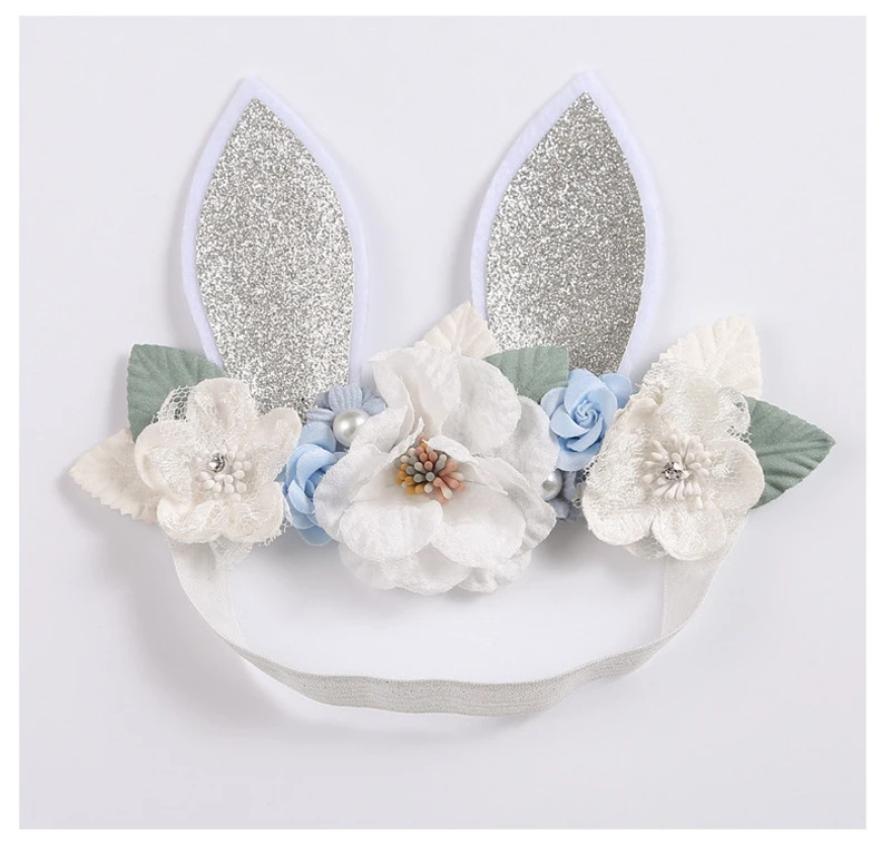 Balleenshiny Cute Festive Baby Girls Headband Glitter Rabbit Ears Mesh Lace Stitching Combination Flower Children\'s Headdress