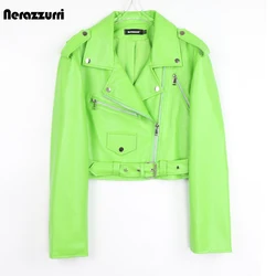 Nerazzurri Spring Autumn Short Green Pink Stylish Faux Leather Biker Jacket Women Zipper Long Sleeve Fashion 2022 5xl 6xl 7xl