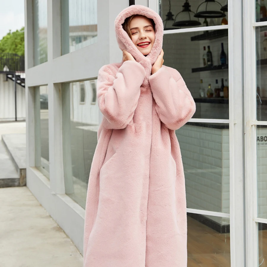 Abrigo de piel sintética con capucha para mujer, chaqueta gruesa y cálida de felpa amarilla y rosa, Chaqueta larga de moda, ropa de calle de manga
