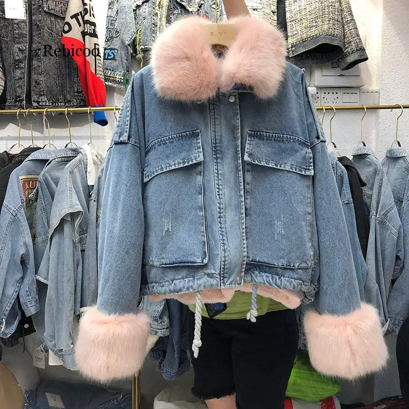 

Winter Warm Lamb Coat Big Pocket Denim Jacket For Women Thick Large Fur Loose Parka Denim Parka For Winter