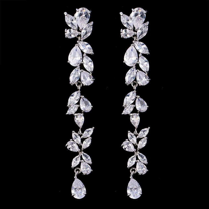 

Ekopdee New Luxury Brand White Cubic Zirconia Gorgeous Leaf Flower Long Dangle Drop Earrings For Women Bridal Wedding Jewelry