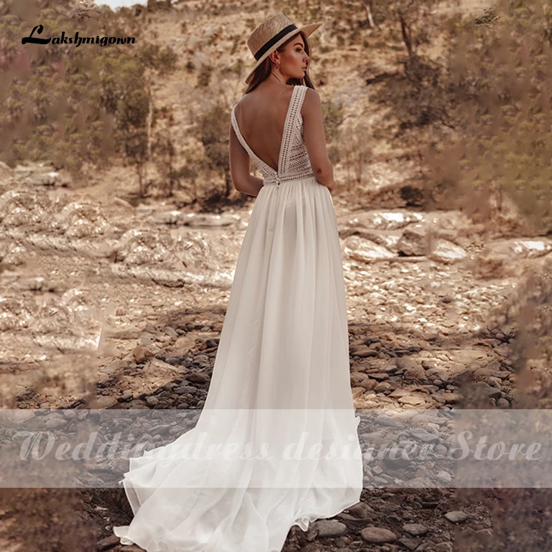 Lakshmigown boêmio vestidos de casamento mais novo decote em v sem costas lado limo praia boho chiffon uma linha vestidos de noiva robe de mariee