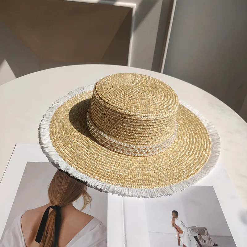 New Classical Fringed Pearl Chain Natural Straw Hat For Women Summer Wide Brim Jazz Hat Beach Sun Hat Bonnet Enfant Caps