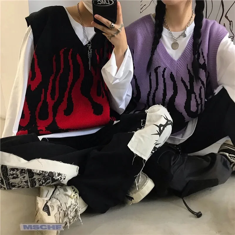 Couples Knitted Vest Sweater Autumn Hit Color Flame Sleeveless V Neck Woman\'s Vests 2022 Loose Waistcoat Chic Oversized Sweaters