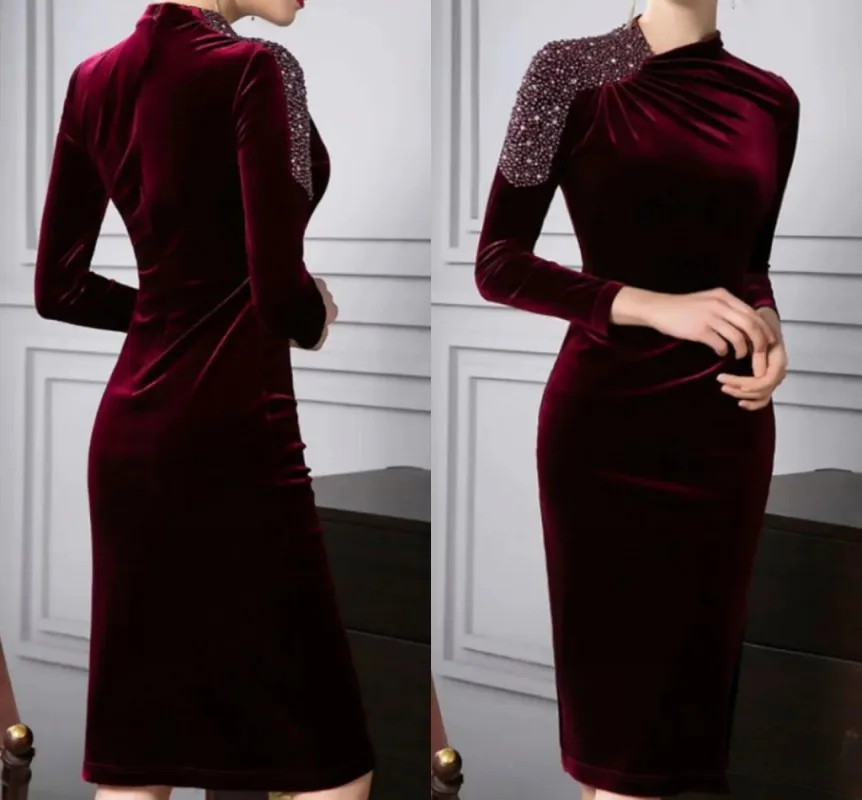 

Burgundy Short Velvet Prom Dresses Jewel Knee Length Sequine Beads Evening Formal Gowns Vestidos De Longo Robe De Soiree