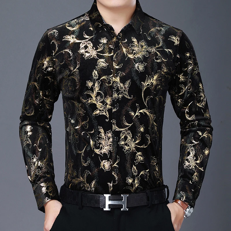 Mens Floral Dresses Autumn Long Sleeve Velour Clothing Male Flowers Gold Velvet Shirts