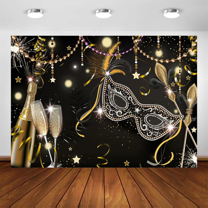 

Masquerade Party Backdrop Retro Mask Birthday Photo Background Black Mask Champagne Glass Firework Dance Party Decor Backdrops