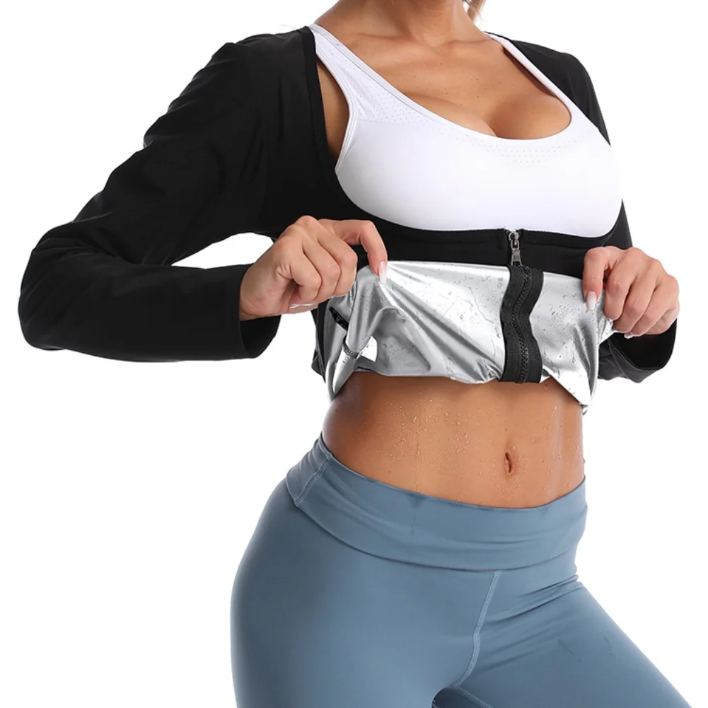 

Women Yoga Fitness Sauna Tops Push Up Waist Control Long-Sleeve Abdomen Sweating Quick Dry Shapewear Blue Silver