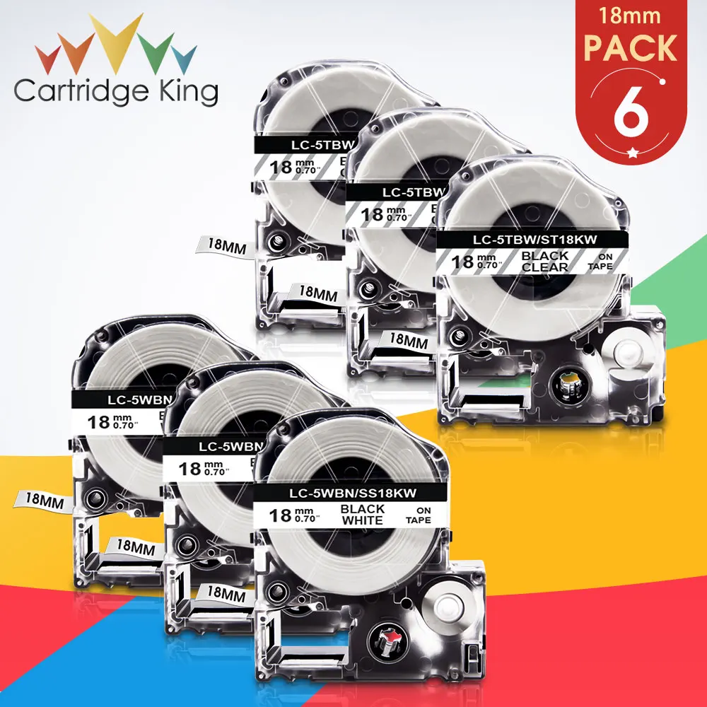 6PK SS18KW ST18KW Black on White/Clear 18mm Label Tape for Epson King Jim LW-400 LW-500 LW-600P LW-K400 LW-400 LW-500 Printer