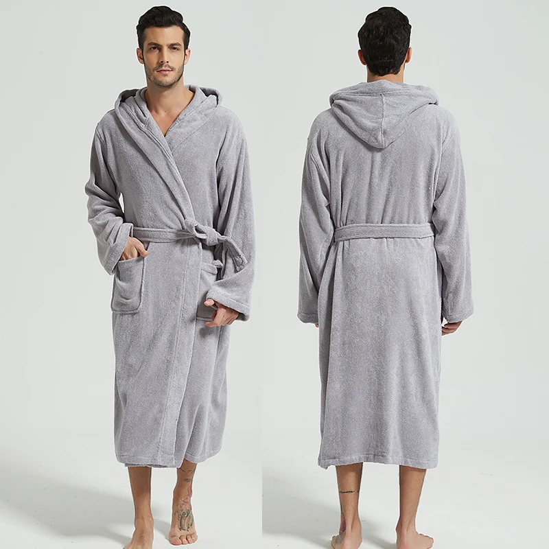 Hooded Bathrobe for Men, 100% Cotton, Thick Warm Towel, Fleece Cotton Dressing Gowns, Long Bath Robe, Hotel Spa, Soft Bridesmaid