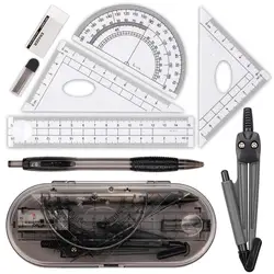 XRHYY Math Geometry Kit Set 8PCS Student Supplies With Shatterproof Storage Box For Engineering Drawing Compass Protractor Ruler