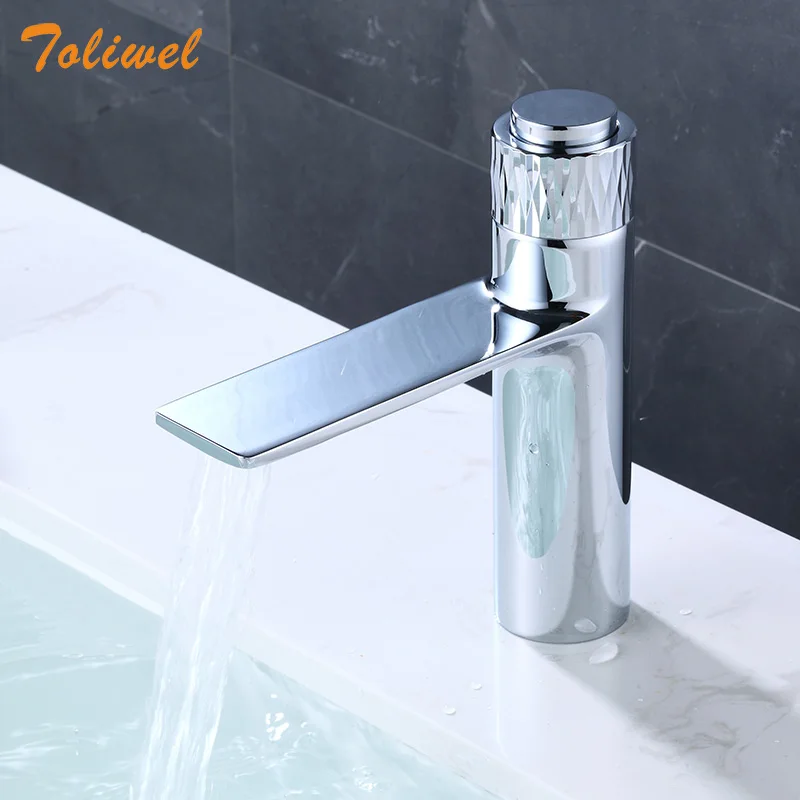 Brass Push Button Faucet Contemporary Bathroom Cold Hot Mixer Chrome Wash Basin Faucet Deck Mount  New Fashion Design