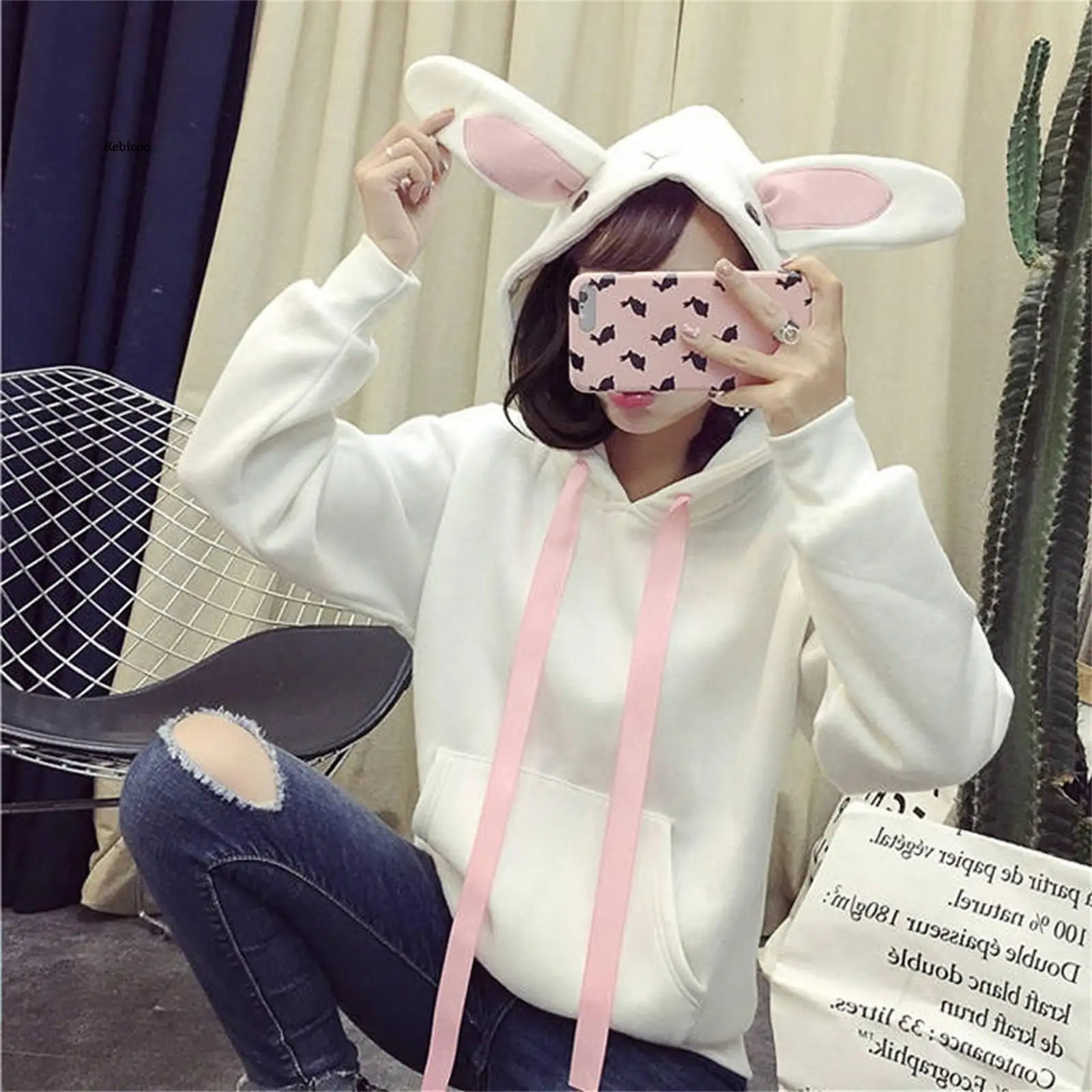 Fashion Women Rabbit Ears Top Hoodie Long Sleeve Blouse Loose Sweatshirt Winter Sweet Kawaii Sweatshirt Pullover  Tops