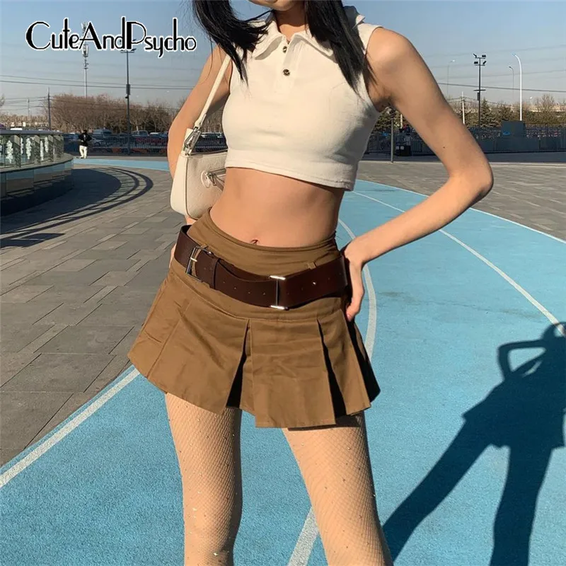 

Sexy Pleated Mini Skirts Women Summer Vintage Aesthetic 90s Skirts With Belt Fashion High Waisted Korean Outfit Cuteandpscho