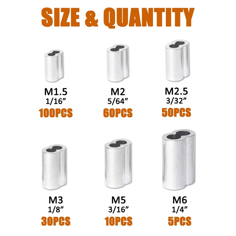 와이어 로프 및 케이블용 알루미늄 압착 루프 슬리브 더블 배럴 페룰 모음 키트, M1.5, M2, M2.5, M3, M4, M5, M6, 255 개