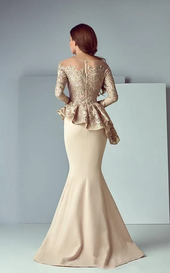 Dubai Arabic Champagne Lace Stain Peplum, Vestidos para Mãe da Noiva, Longo Pescoço Pura, Manga Comprida, Vestidos Formais de Noite