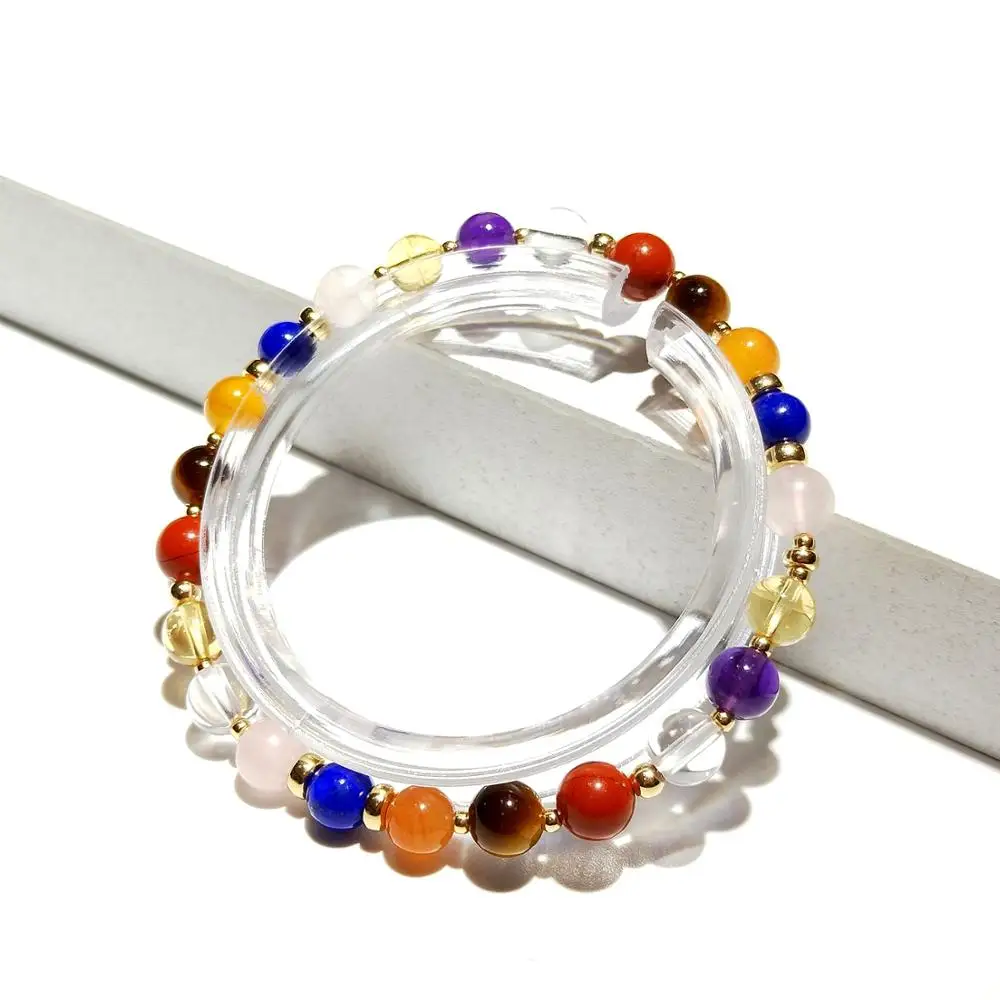 Lii Ji Colorful Natural Stone Amethyst Citrine Lapis Lazuli Rose Quartz Tiger's Eye  American 14K Gold Filled Stretch Bracelet