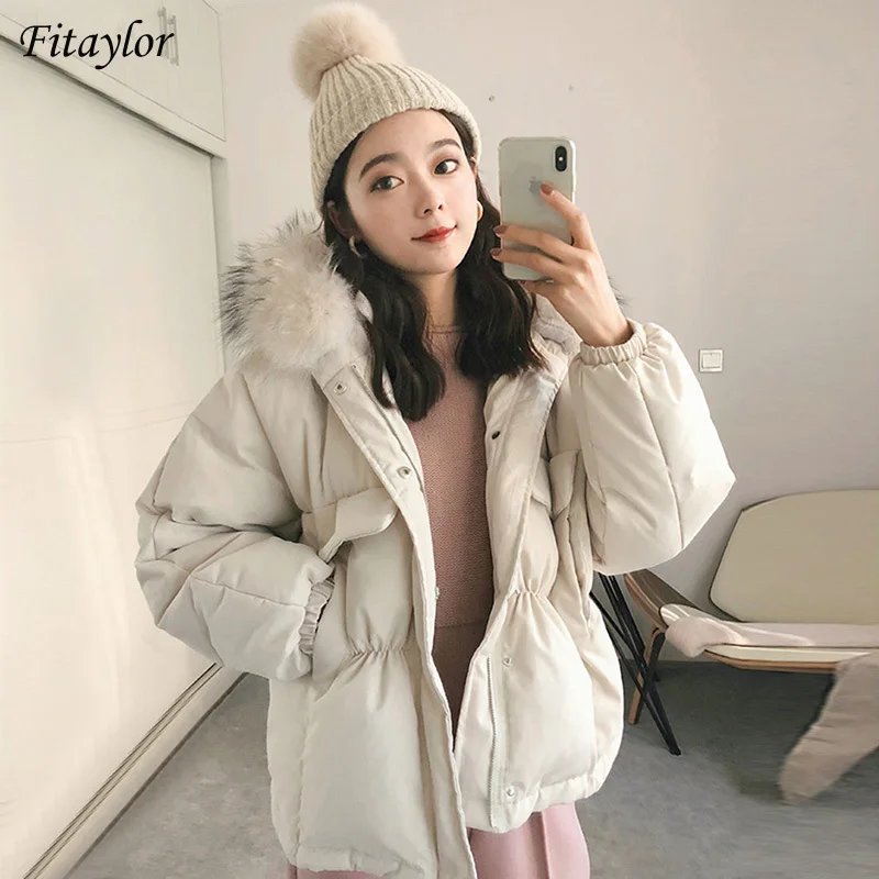 Fitaylor Winter 90% White Duck Down Irregular Jacket Women Big Real Raccoon Fur Hooded Short Coat Beige Loose Warm Snow Outwear