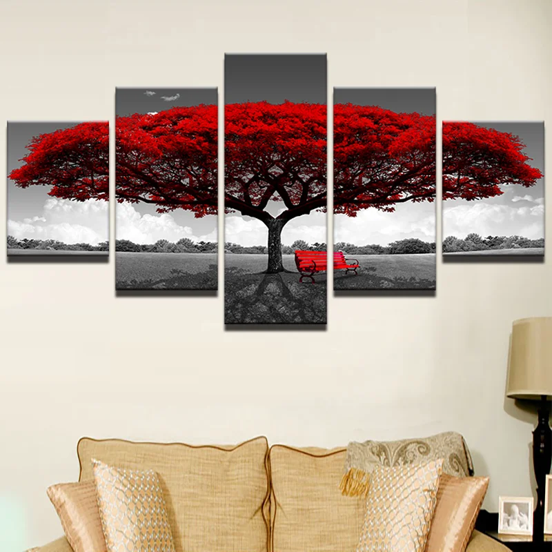 

HD Print Wall Art Canvas Modern Home Decor Picture, Red Tree Scenery, Landscape Posters, Living Room Decoration Paintings, 5 PCs