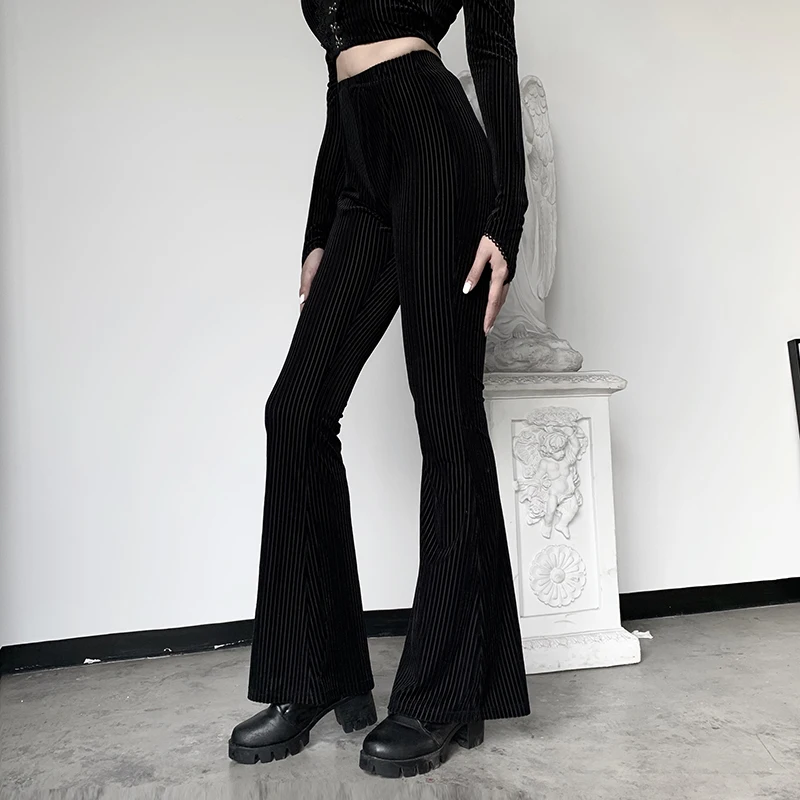 Women Sexy Black Pants Velvet Flare Pants High Waist Slim Fit Fashion Casual Ribbed Knitted Wide Leg Trousers Sport Leggings