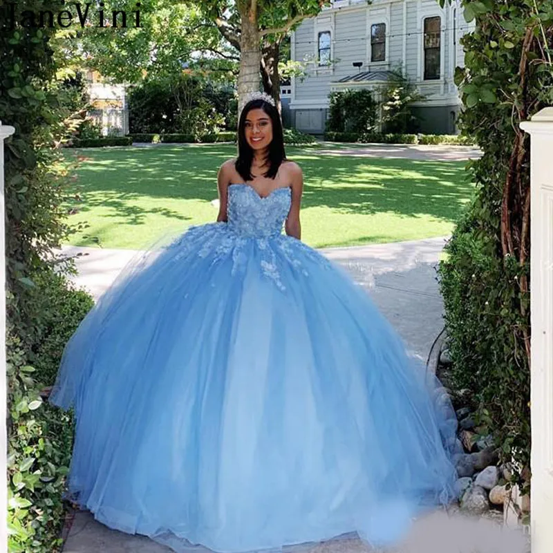 JaneVini อ่อนเยาว์สุภาพสตรี Blue Quinceanera Ball Gown อย่างเป็นทางการลูกปัดดอกไม้ลูกไม้ยาวหวาน 16 ชุด vestido 15 anos